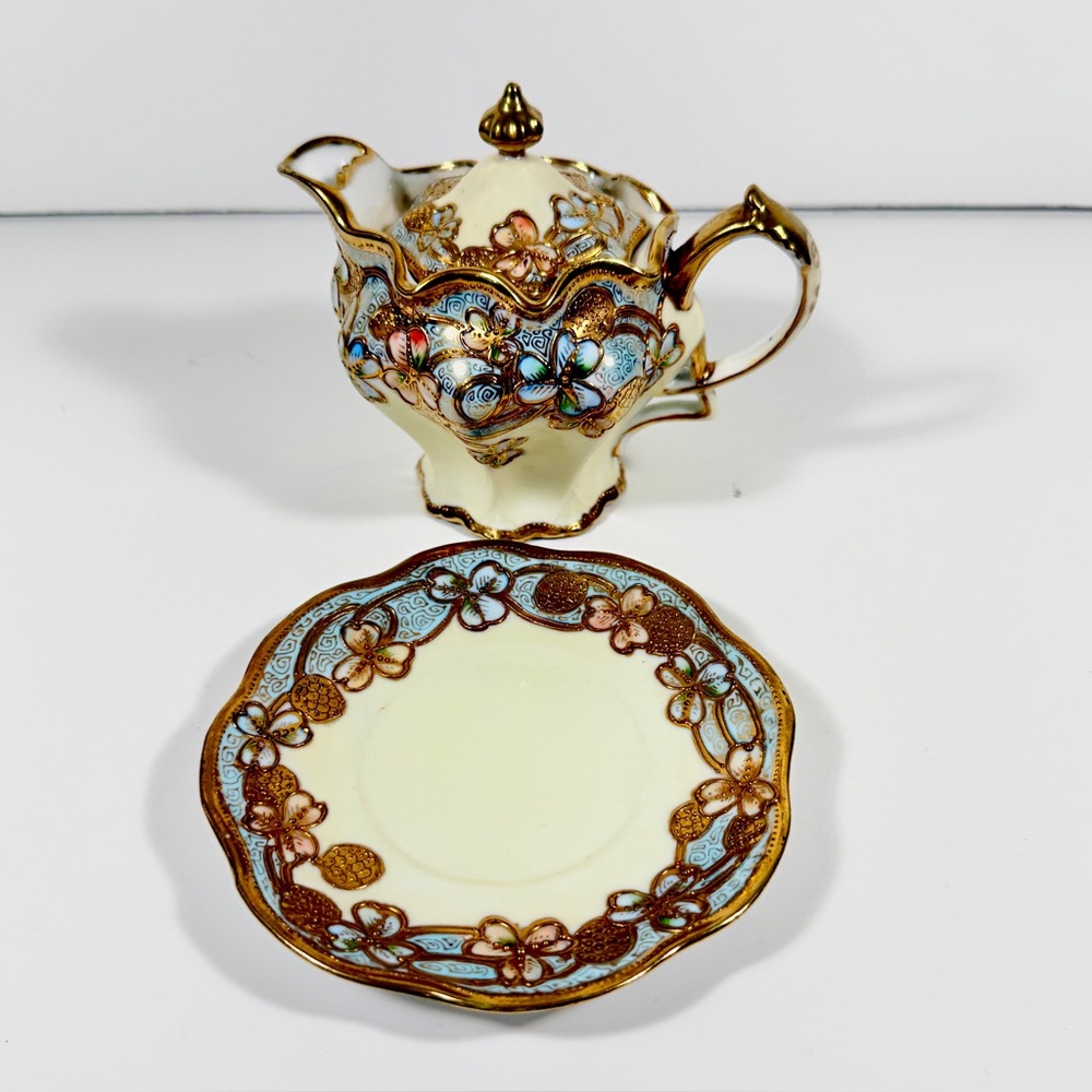 Antique Nippon Syrup Jug‎ & Plate Hand Painted Blue Gold Moriage Flower Signed